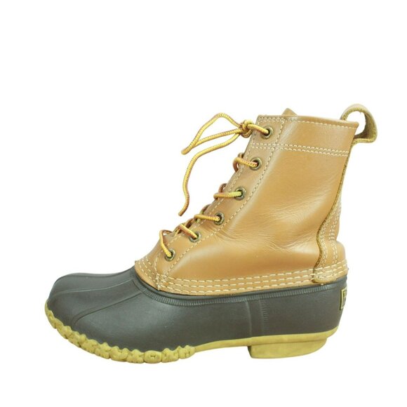 LL Bean Brown Leather Lace Up Round Toe 8" Unlined Ankle Duck Boots Size 7 M - Picture 1 of 10